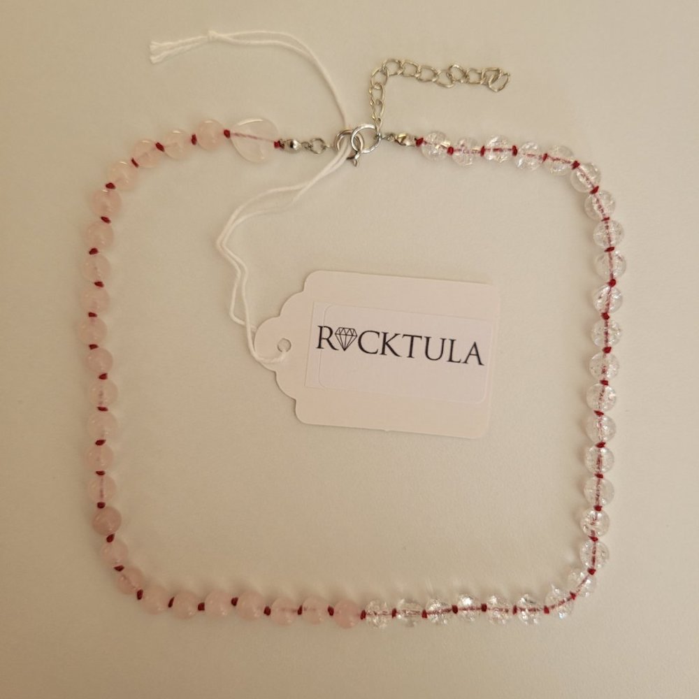 Choker Necklace Rose & Clear Quartz w/ Heart Gemstone Knotted Silk Rocktula NWT - Picture 3 of 3